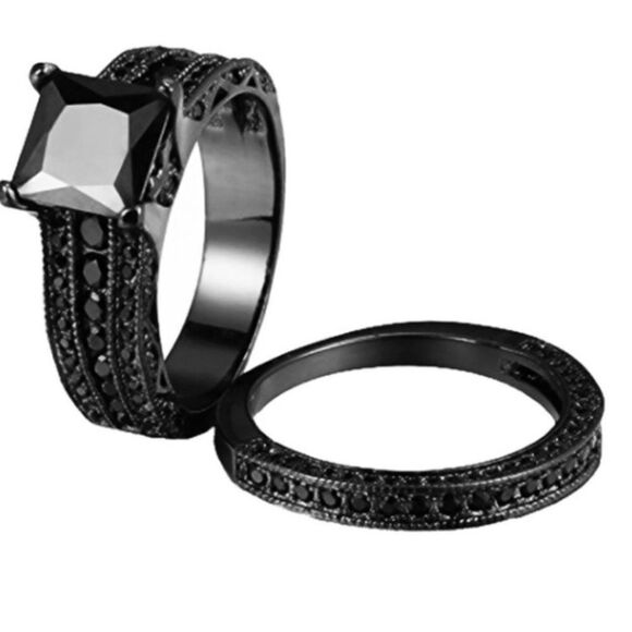 ✨Stunning Simulated Black Sapphire 2 pcs Wedding Eternity Band Ring Set 💍✨ - Picture 9 of 12